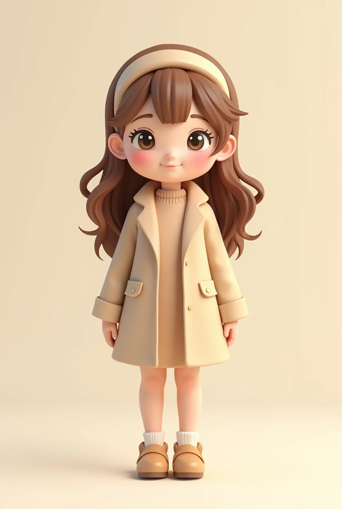 A white female avatar with brown hair with a smiling face a headband in the shape of a circle beige color a beige dress a light beige coat with a beige shoe long light brown wavy hair an anime avatar