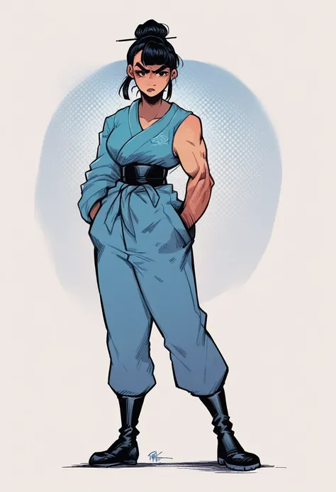 Lihua is a young Asian woman with long dark hair tied in a high bun.. she is tall and slender, with well-defined muscles and a determined look. She wears a light blue martial arts outfit with gold accents and knee-high boots.. on your waist, she carries a ...