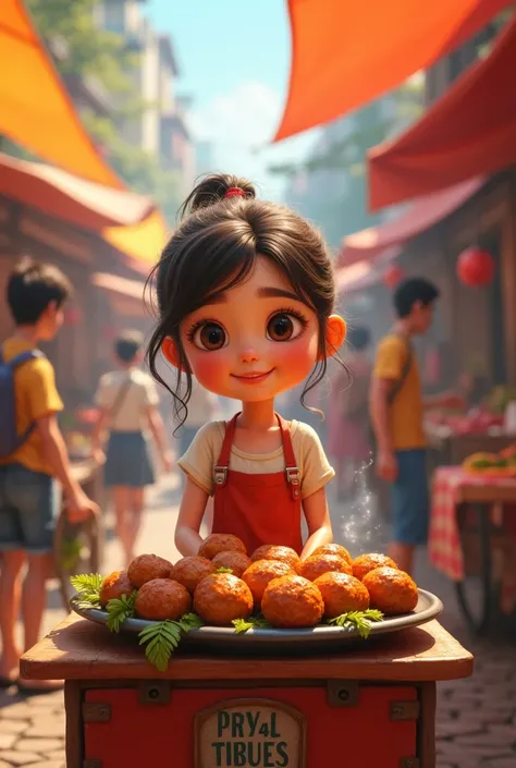 a girl selling meetballs