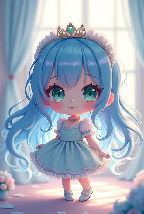 (artwork), (amazing work), (indirect linear lighting), (Chibi-cute studios), (beautiful anime gif), (cute cute kawaii), (Extremely detailed 8k CG unit wallpaper), (1 girl) wearing a nice dress, long blue hair with cute ruffled tiara, using kid gloves, Whit...