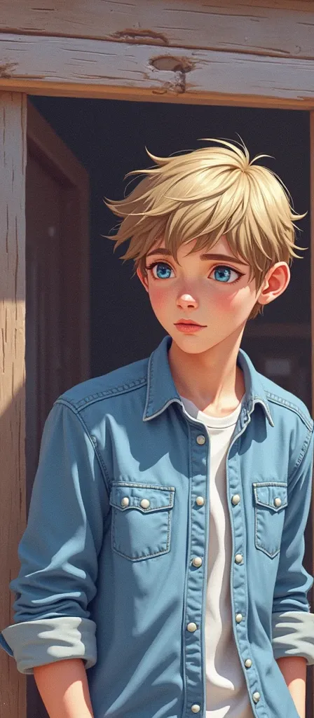 。(he wears simple denim shirt and a white shirt) 