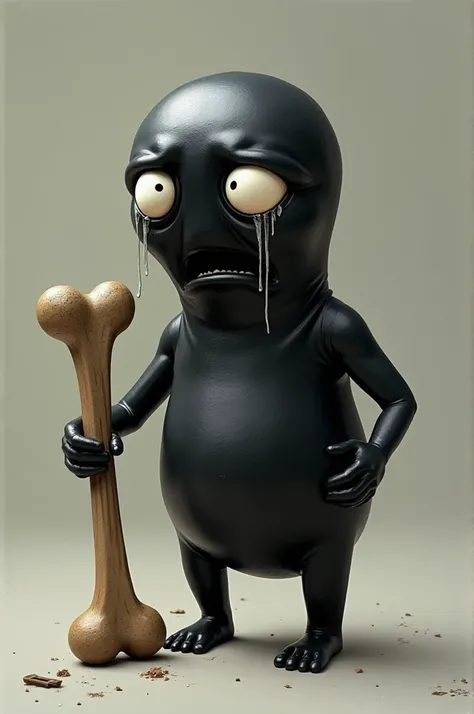 A BLACK OLIVE CRYING WITH A DOG BONE IN HIS HAND 