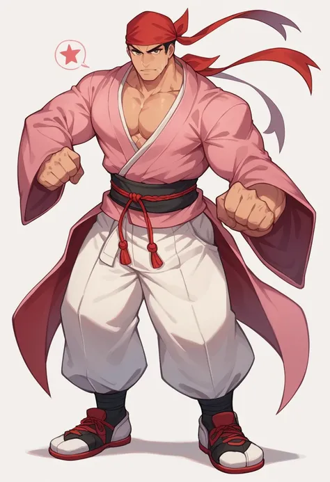 Dan is a tall, muscular man, with blond hair styled in a topknot. He wears a pink kimono with yellow sashes, a red bandana around his head and martial arts shoes. In her kimono, there is a symbol in the shape of "S" in yellow