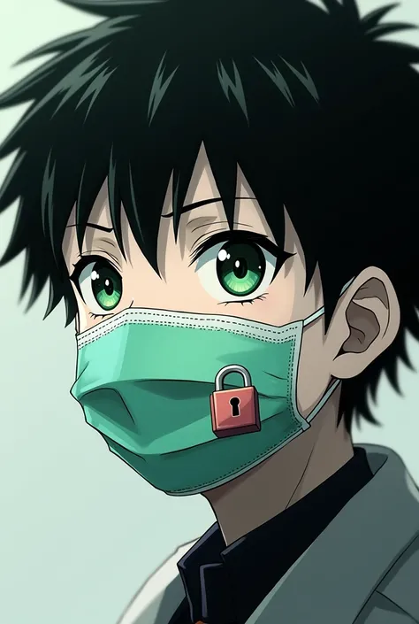 Boy with black hair, white skin and green eyes, with a face mask that has a padlock, that the image looks anime style