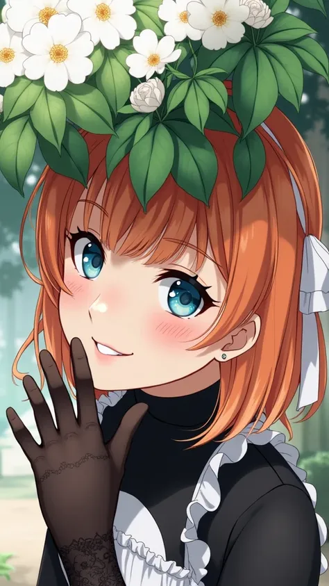 Yotsubanakano, Fourth floor Nakano, bangs, Short hair, blue eyes, hair between eye, Orange hair, The best smile, Bow, green bow, (white one piece:1.3), with frills, (Lace gloves:1.3), (White corolla:1.3), Ortraat, (put index finger on mouth:1.1), Wedding H...