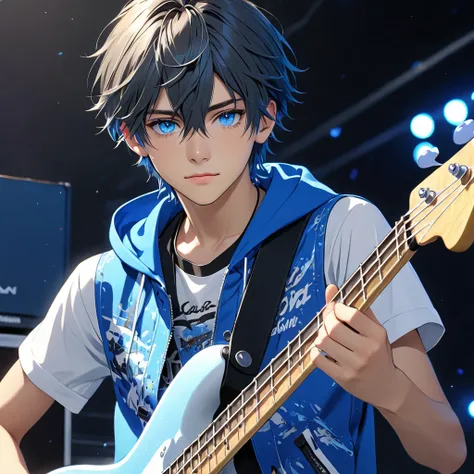 8k HD Teenage Boy, blue eyes，Bassist