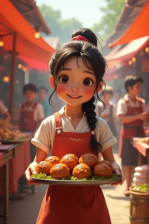 a girl holding and selling meetballs