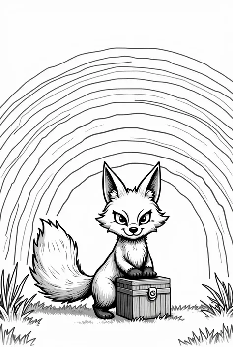 A fox at the end of a rainbow with a box as if it were a treasure box, black and white cartoon style 