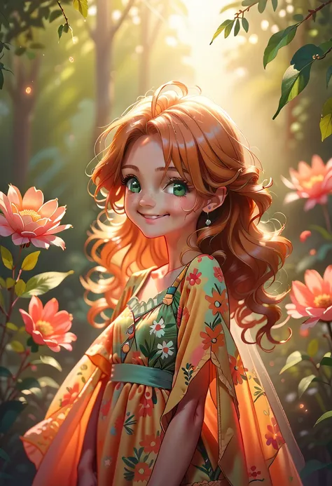 masterpiece portrait of a woman in montreal at dawn, long hair, cute orange curly hair, smile, green eyes, freckles, floral prin...