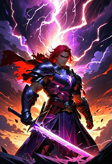 1man, half purple hair, half red hair, glowing eyes, muscular build, holding a massive sword, sword blade glowing with red and purple magical energy, mystical runes carved along the blade, magical aura radiating from the sword, energy crackling along the e...