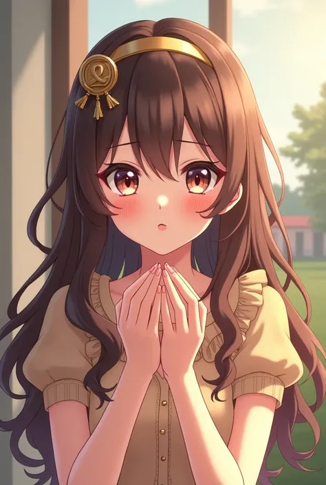 A wavy brown haired avatar with a circular shaped headband and a beige dress in anime form blowing kisses realistic a more realistic one with realistic background 
