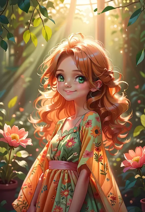 masterpiece portrait of a woman in Montreal at dawn, long hair, cute orange curly hair, smile, green eyes, freckles, floral print, dress, dawn, neon, rays of light, caustic, lens reflection, ((One)), Ishmael_limbo