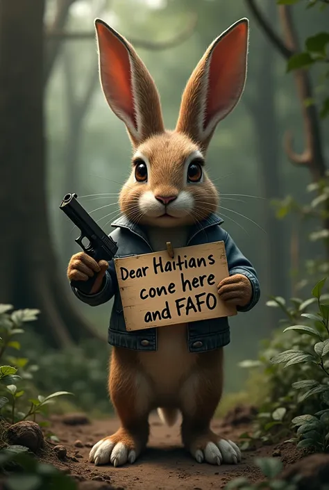 Rabbit in the woods holding a gun and sign that reads, Dear Haitians, Come here and FAFO realistic 