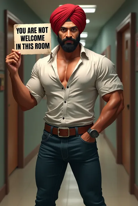 Sardar boy holding You are not welcome in this room poster  in hands with white shirt red turban and dark blue bootcut jean with arrogent view but muscular body realistic photo