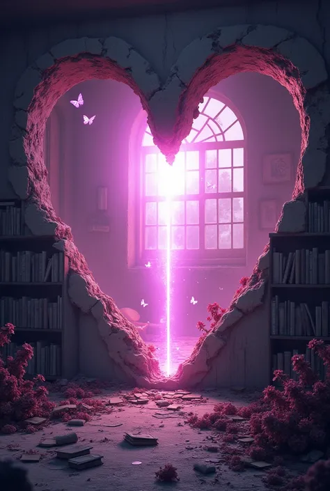 Broken Heart shaped room old and destroyed with broken glass  windows and walls filled with books and from center a ray of purple pink light is emerging with butterflies and flowers