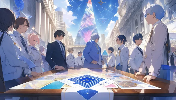 High definition、High image quality、Masterpiece、Numerous pastel glitters、City、City、Men and women、Makoto Shinkai style、Illuminati Cards、Freemasonry、secret society