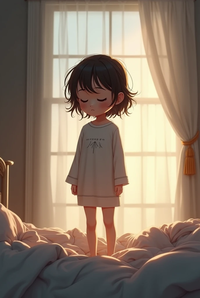 A girl stand on bed with her sleepy ness
