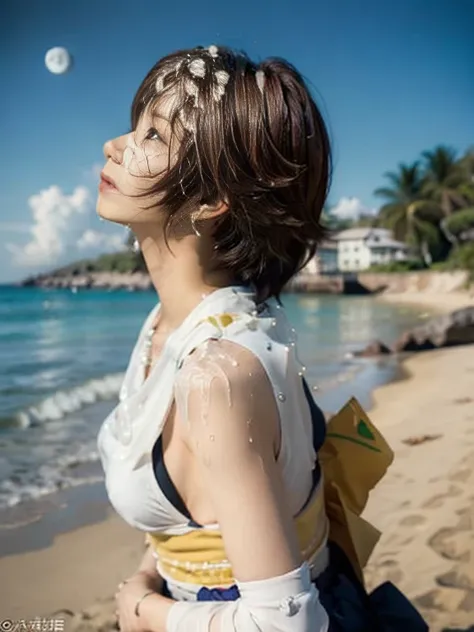 20 year old Japanese beauty，One woman、Muscular body like a bodybuilder、Emphasize the breasts、Slit eyes、A head-to-toe view，Bust is very very large、The background is a beach with blue sky、High quality photos、Clear, crisp images of the lower body、Masterpiece ...