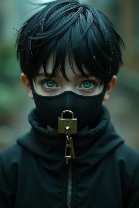 Boy with black hair, white skin and green eyes, with a mask that has a lock on the mask so it can be opened