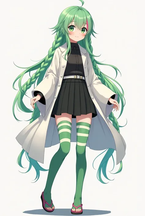 Generates a girl of about 20-2, Japanese, with a short black skirt, that is kind and loving, with a black long-sleeved buttoned shirt, and a white haori that covers their shoulders, pink sandals and green stockings with long stripes that reach her knees an...