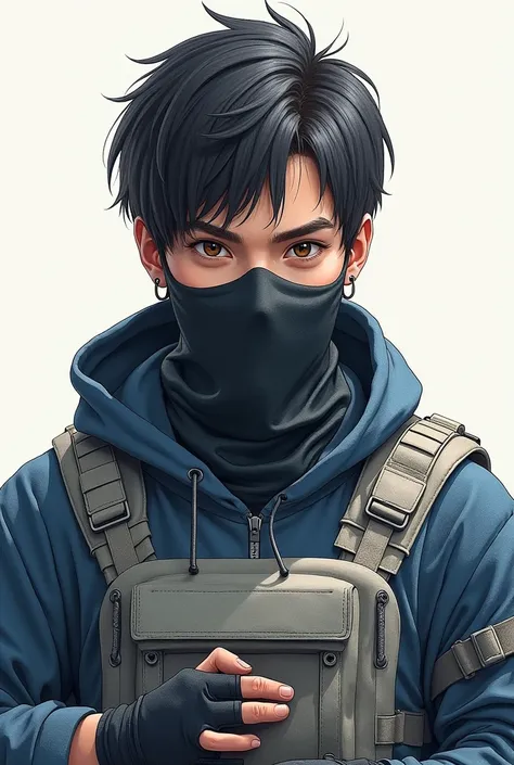 Black Hair, Short Hair, brown eyes, mask,drawing art,marksman, fingerless gloves, light vest, sivlver and blue outfit, male, no earnings, cold,Simple background, Looking at viewer, 