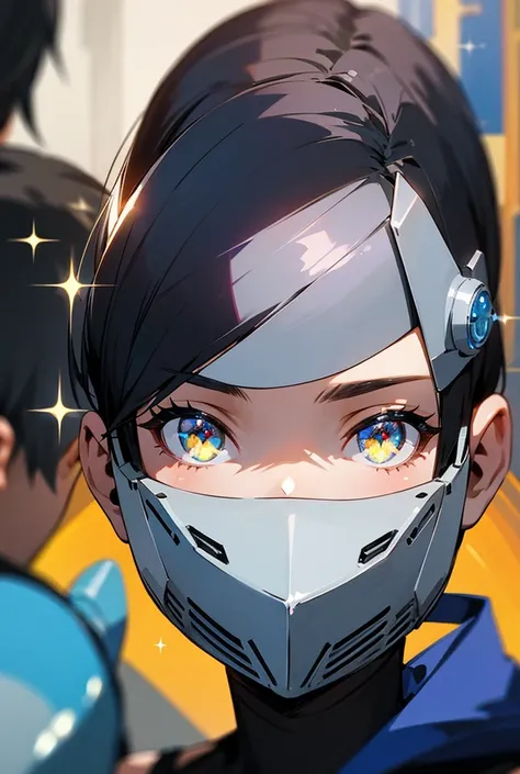 Short Hair, Simple background, Hair Clip, Blurry, Sparkle, Abstract, Detail, a girl with mask on,admiring a boy from afar, and the boy is talking with his group of friends