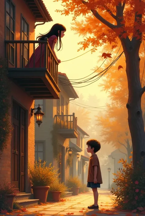 On autumn season,the background is full of houses.Girl looking her boy from the upper balcony and her boy is standing and looking at her in the road outside her houses wall. 