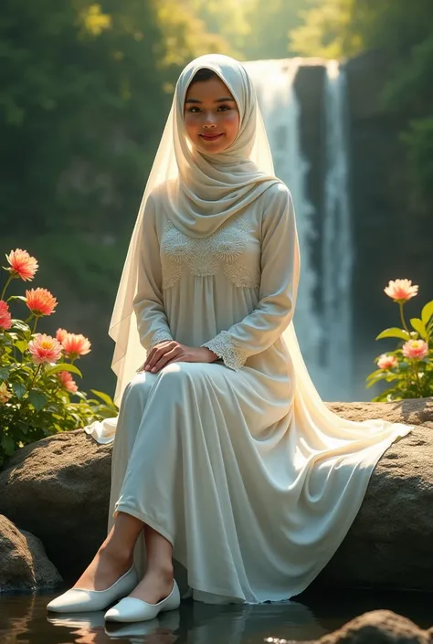 A 20 year old woman with a beautiful, sweet, charming Indonesian face, a Muslim woman wearing a white hijab, a long, wide dress with a white floral pattern, white shoes, sitting full body on a rock, a large, shiny black yellow background, flowers and a wat...