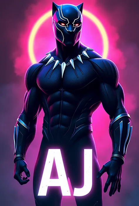 Marvels black panther in neon version and AJ’ written in outline below picture