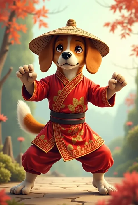 A anthropomorphic beagle. Wearing Vietnamese traditional clothing. Doing a Vovinam pose. 