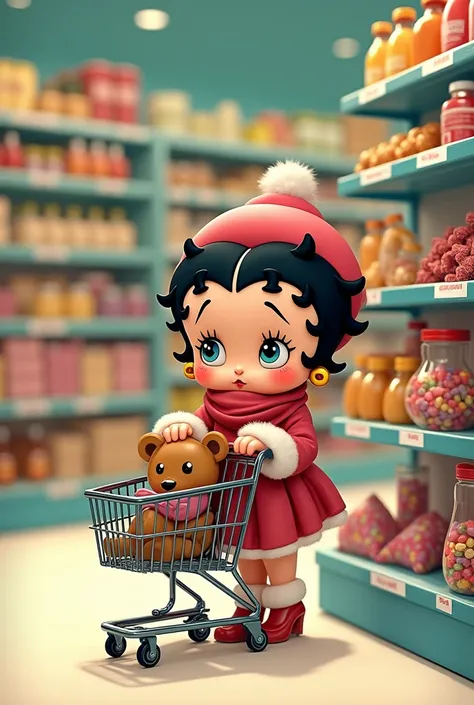 Baby betty boop, Wearing winter bb clothes, Pushing a BB trolley,  bb There is a beloved teddy bear in the car, betty boop, Wearing a gorgeous winter skirt and high heels, behind, Shopping in an American supermarket in the 1980s, The background is an Ameri...