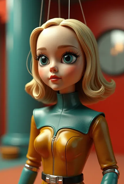 "Create a version of [ Scarlet johanson ] in Gerry Andersons Supermarionation style, inspired by the classic aesthetic of the Thunderbirds TV series. The character should have a fiberglass head, with expressive eyes and a mechanical mouth that moves like a...