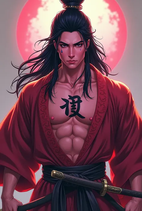 Men handsome face, long black hair, have dragon pink skin, have MOMO letter tattoo in chest, have sword, fit muscular body , samurai attire 