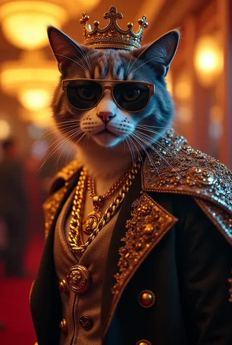 Cat man show the money  qnd obtain a crown 
And gold chain and sun glasses 