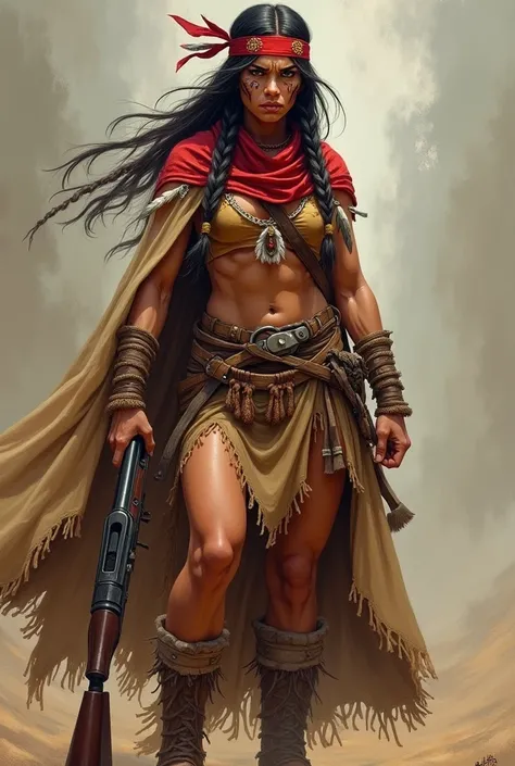 Create a painting-style illustration of a full-length Apache Indian woman with an angry expression, wearing a cloak over her body, a red scarf tied around her head, feather decorations on her head, braids in her hair, tribal paint on her face , leather boo...