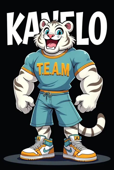  An animated white bengal tiger 1980’s cartoon character named Kanelo. The tiger is muscular, he has baby blue eyes, with a determined expression, and growling, and is dressed in casual cool clothing, including baby blue & gold shirt with T.E.A.M. On the f...