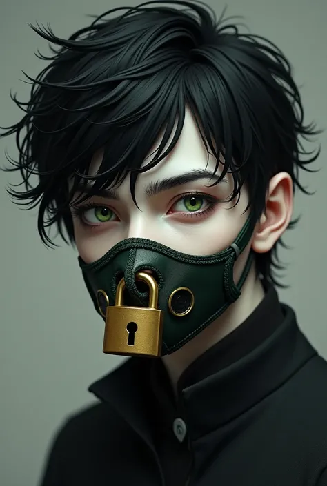 young man with black hair, white skin and green eyes, with a muzzle that has a padlock on one side of the muzzle so it can be opened