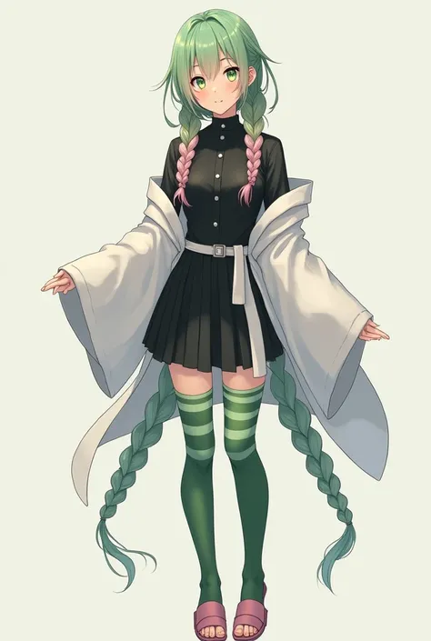 Generates a girl of about 20-2, Japanese, with a short black skirt, that is kind and loving, with a black long-sleeved buttoned shirt, and a white haori that covers their shoulders, pink sandals and green stockings with long stripes that reach her knees an...