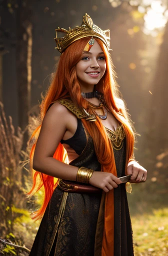 Young female 1 fantasy druid, long orange hair, plump lips, glowing orange and gold eyes, oval face shape, flexible body, attractive, body shape, fantasy clothes, orange and gold irises, average body, orange and gold craftsman clothes, weilding a hammer, p...