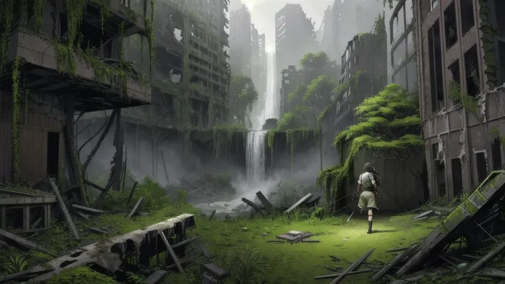 (UHD, masterpiece, high quality, high details, 16k, (1 girl, upper body), detailed Face, detailed eyes), A post-apocalyptic city overtaken by nature, with crumbling skyscrapers covered in vines, moss, and greenery. The streets are cracked, and large trees ...