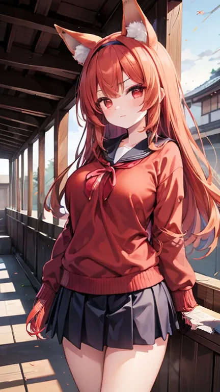 One girl, Green V-shaped eyebrows, Red cheeks, Natural Long Hair, Red Hairband, Orange Hair, Red eyes, Fox Ears, Large Breasts, nice, wallpaper, landscape, Depth of written boundary, morning, School corridor, Particles of light, light, Side light, Japanese...