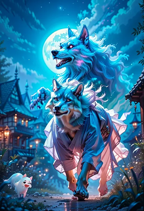 blue samurai, ghost, walking with a wolf in a haunted village, night sky, full moon, realistic, full hd, high quality