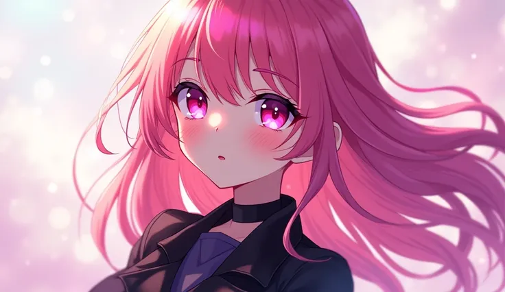 Make a anime girl in pink hair and pink eyes waring black jecket