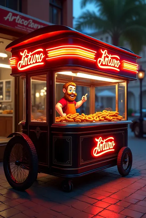 Create a design for a churros cart. The cart must be black with red and yellow details., featuring a cartoon-style character on the front. The character, who must be bearded and pointing at the churros, will be the logo of the steakhouse called &#39;Arturo...