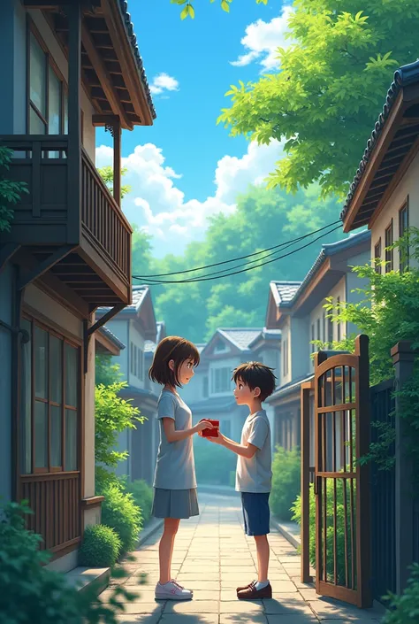 Hyper realistic anime, background is full of house,in the summer season,girl looking her boy from the upper balcony and her boy is standing outside her houses gate with chocolate.