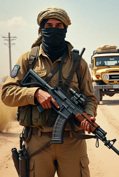 An artwork featuring an Arab terrorist wearing a makeshift uniform, holding an AK-47 rifle, in the background an old Toyota Land Cruiser