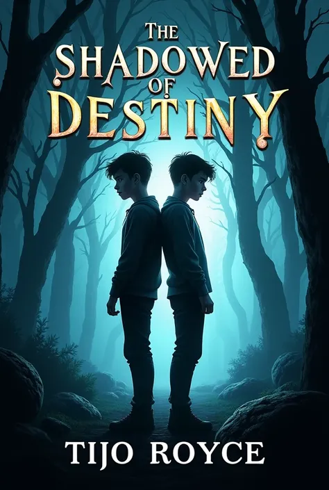 (phImagine the book cover featuring the silhouettes of the two teenage boys back to back in the misty, dark forest, surrounded by lurking shadows. The title "Duos of Destiny: Shadowed Alliances" stands out boldly at the top, while the authors name "TIJO RO...