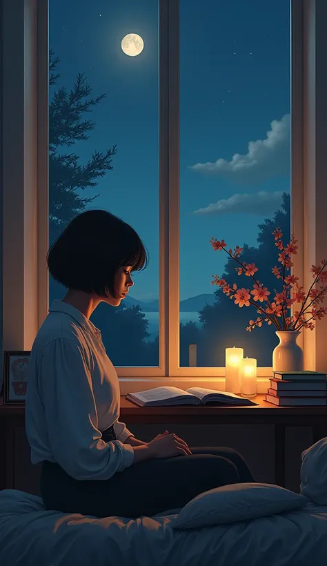 night、one&#39;s home、There are books and coffee on the desk、Candles、Flowers in a vase、short hair Woman profile、I&#39;m tired and I&#39;m going home to take a breather、I can see the moon and trees from the window, and there are a few clouds