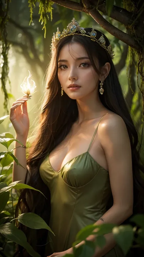 デ）Create an ultra-realistic 8K resolution image of an ultimate female character inspired by a Mandragora, retaining its iconic features in an enchanting and eerie form. Her skin has a texture reminiscent of roots and earthy soil, with an otherworldly glow ...