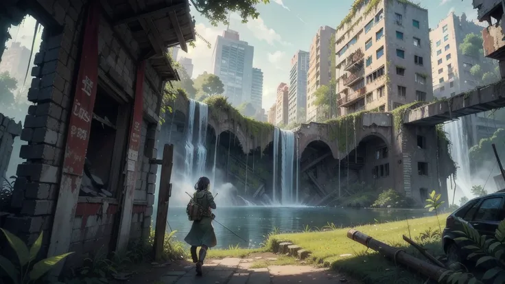 (UHD, masterpiece, high quality, high details, 16k, (1 girl, upper body), detailed Face, detailed eyes), A post-apocalyptic city overtaken by nature, with crumbling skyscrapers covered in vines, moss, and greenery. The streets are cracked, and large trees ...